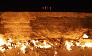 Turkmenistan Gates of Hell Darwaza Gas Crater Group Edge