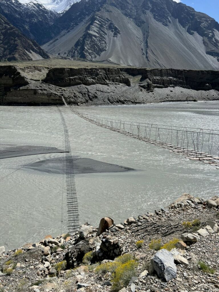 Wide angle view in Passu, Pakistan of the Passu Suspension Bridge